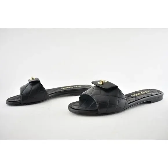 Chanel REV Black Turnlock Quilted Gold CC Logo Mules Slide Sandal Flop Flat 37 - Picture 10 of 12